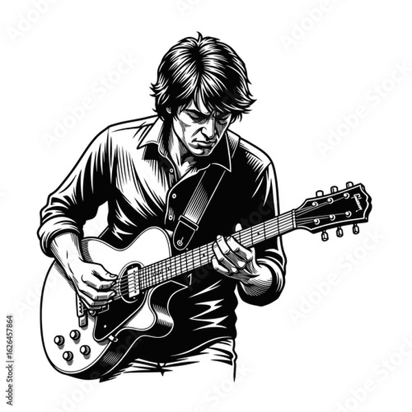Obraz Solo artist performance - A striking black and white illustration of a man engrossed in playing an electric guitar.