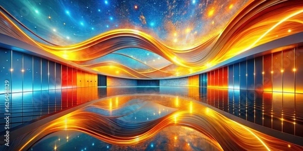 Fototapeta Abstract Celestial Interior Design A Reflective Hallway with Swirling Golden and Blue Hues