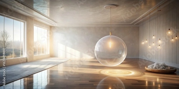 Fototapeta Serene Minimalist Interior Design with Orb Pendant Light and Natural Light Streaming Through Expansive Windows