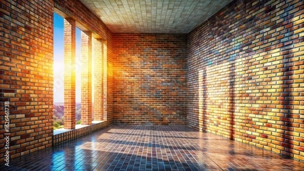 Fototapeta Sunlit Brick Room with Open Columns and Bright Floor