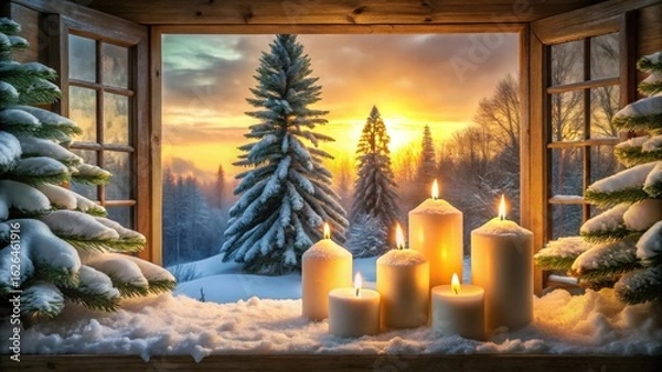 Fototapeta Winter Sunset View from Cozy Window with Burning Candles and Snow Covered Trees