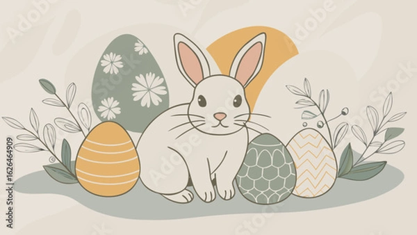 Fototapeta A charming easter scene featuring a white bunny surrounded by decorated easter eggs and floral elements