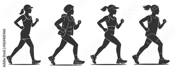 Obraz Set cartoon silhouette female engaging fitness and athletic activity. Bundle people doing running activity with various outfit. Flat vector illustrations healthy lifestyle. Female sprinter athlete.