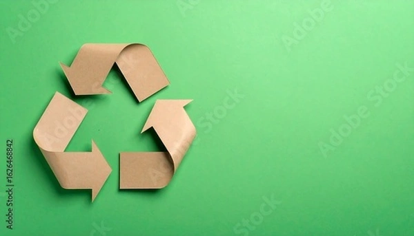 Obraz Recycled Paper Recycling Symbol on Green Background