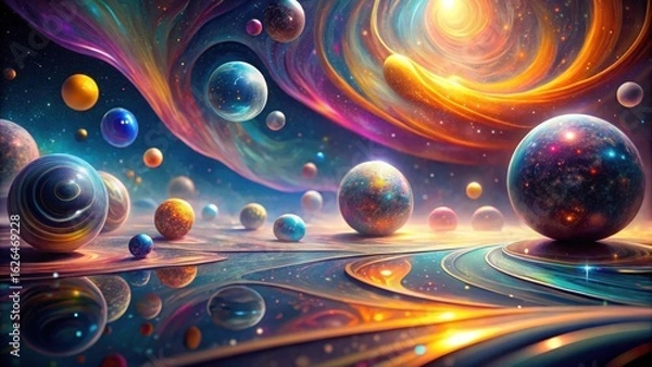 Fototapeta A vibrant cosmic landscape showcasing a multitude of celestial bodies, swirling nebulae, and a reflective surface, evoking a sense of wonder and the infinite possibilities of the universe.