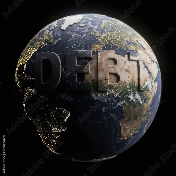Fototapeta Planet Earth with Debt Text Highlighting Global Crisis