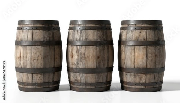 Fototapeta Three wooden barrels with shiny finish and black metal rivets. Weathered, uniform texture of wood and metal. Balanced composition with parallel sides and pointing bases.