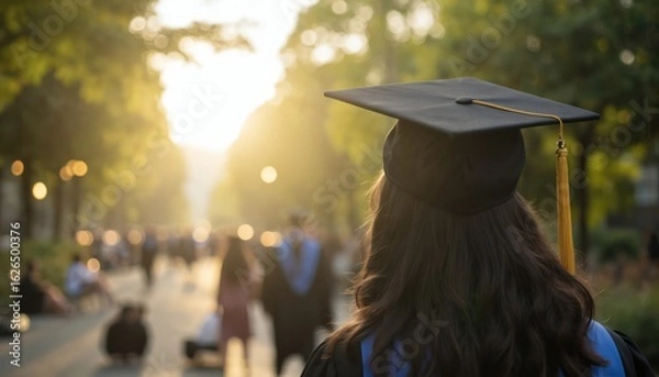 Fototapeta Graduate in black cap, gown stands on cobblestone sidewalk facing away from camera. Silhouette of building, trees in background. Group of people walking in distance. Serene sunset scene with orange,
