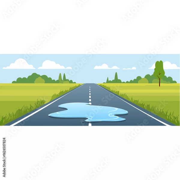 Obraz Rural Road with Puddle Landscape Flat Vector Illustration Summer Open Road Scenery