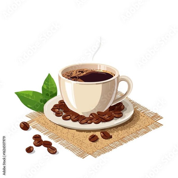 Obraz Cup of black coffee illustration with roasted beans and coffee leaves on a burlap napkin
