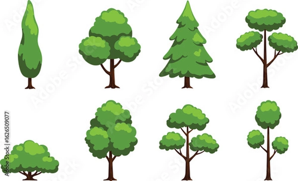 Obraz Cartoon Tree Clipart Set – Fun and Colorful Green Trees for Kids, Games, Educational Projects, Stickers, Nature-Themed Crafts, and Digital Design