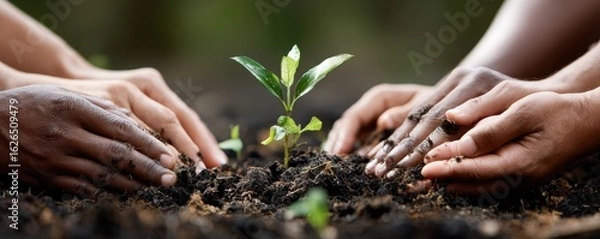 Fototapeta Planting New Tree Sprout Together with Diverse Hands in Fertile Soil. MZ tree, planting, hand, holding, dirtied, ground, growing, young, germinating, together, group, support, close-up, day, green, br