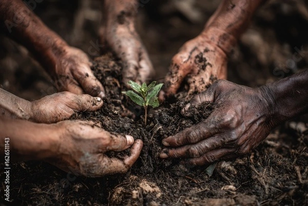 Fototapeta Planting New Tree Sprout Together with Diverse Hands in Fertile Soil. MZ tree, planting, hand, holding, dirtied, ground, growing, young, germinating, together, group, support, close-up, day, green, br