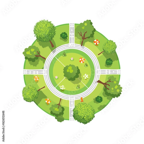 Fototapeta Aerial View of a Circular City Park Design Featuring Lush Greenery and Walking Paths