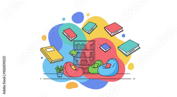 Fototapeta Reading nook with books, beanbags, and colorful background