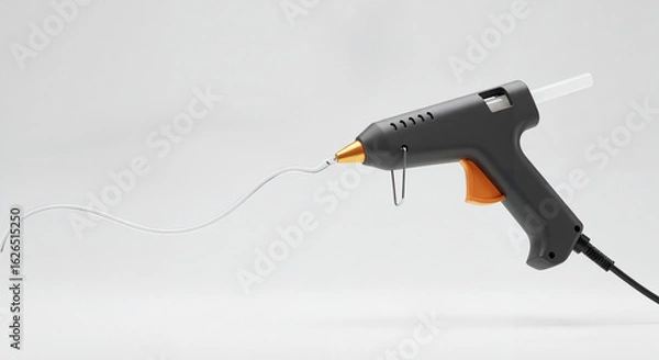 Fototapeta Side view of black glue gun with orange trigger and glue stick, essential tool for crafting and DIY projects