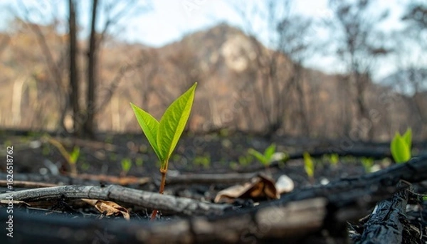 Fototapeta Green Sprout from Burnt Ground, Nature Resilience Recovery Concept