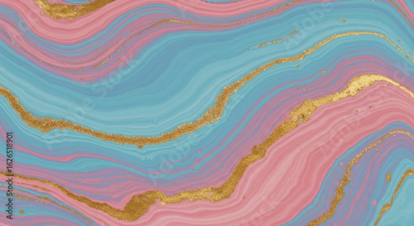 Obraz ブルーとピンクとゴールドが織りなす流れるマーブルアート背景