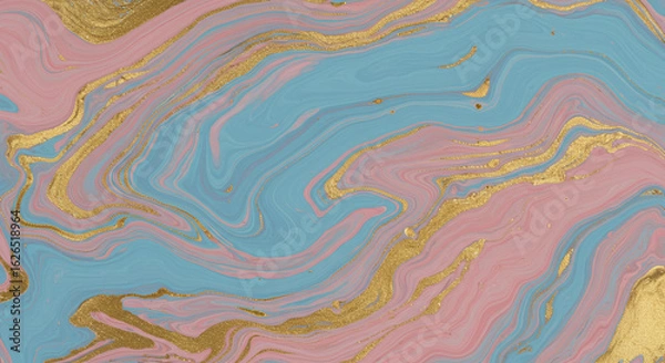 Obraz ブルーとピンクとゴールドが織りなす流れるマーブルアート背景