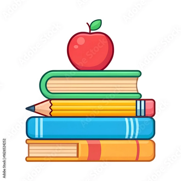Obraz Back-to-school concept with a stack of books, a red apple, and a pencil on a white background