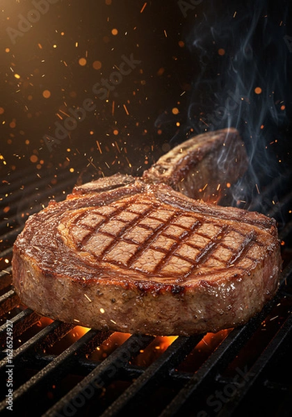 Obraz A perfectly grilled ribeye steak is sizzling on the grill with smoke and sparks around it.