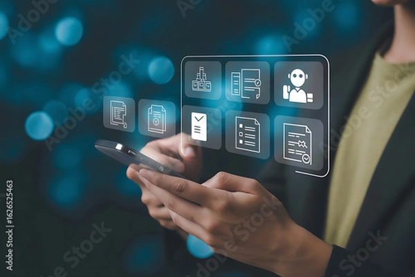 Fototapeta Person interacting with a futuristic holographic interface displaying various digital icons and data