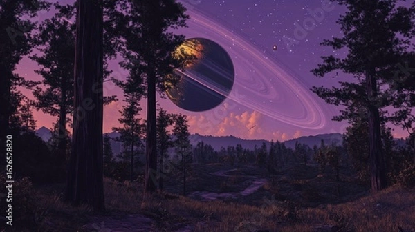 Obraz Alien Landscape with Ringed Planet View