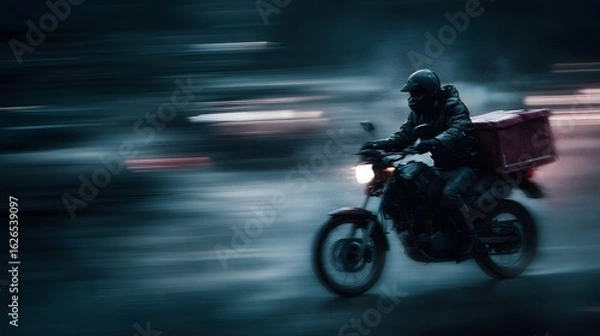 Fototapeta Motorcycle courier weaving through city traffic for urgent delivery