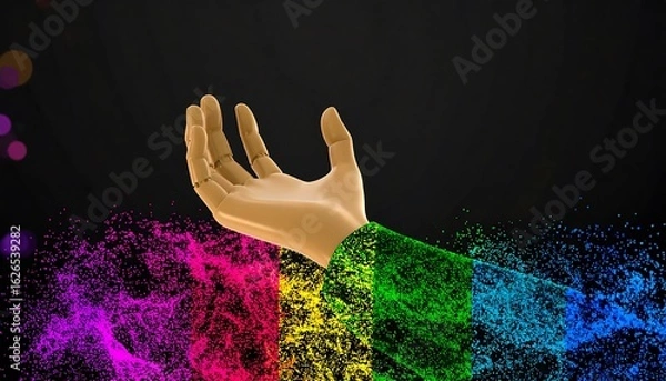 Obraz 3D hand reaching out, rainbow particles