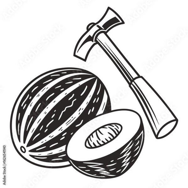 Fototapeta Stylized illustration of a whole watermelon and a halved watermelon with a hammer