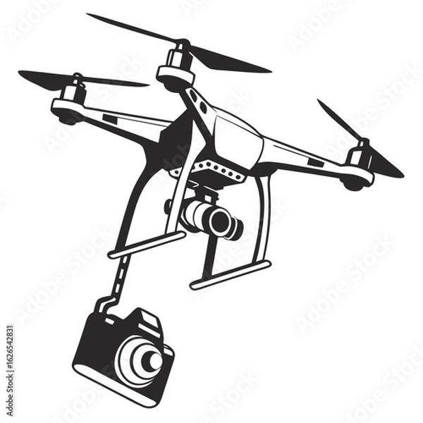 Fototapeta Black and white illustration of a quadcopter drone carrying a camera suspended from its underside