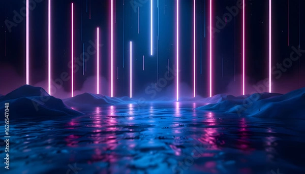 Obraz Immersive futuristic landscape with vibrant neon lights reflecting on water and misty mountains