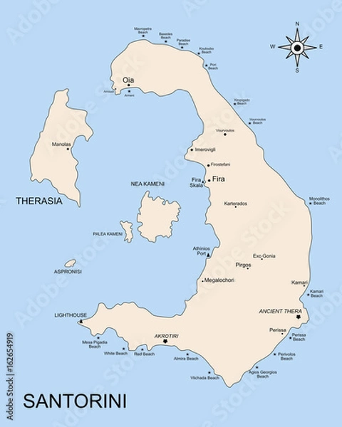Obraz The geography map of Santorini with Nea Kameni, Palea Kameni, Aspronisi and Thirasia island, in the archipelago of the Ciclades islands. There is indicated the position of towns and beaches.