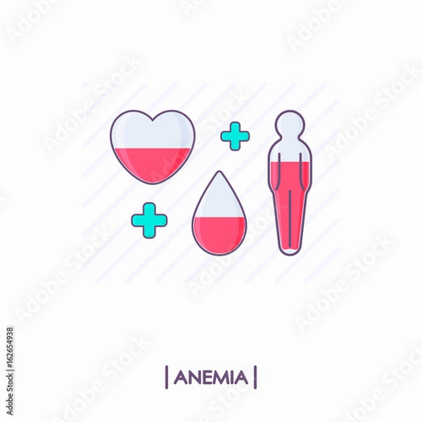 Fototapeta Collection of anemia icons. Heart, drop and human body with low level of red liquid