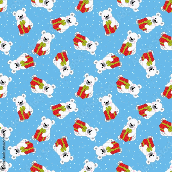 Obraz Vector Christmas and New Year Seamless Pattern with Polar Bears. Vector Baby Polar Bear. 