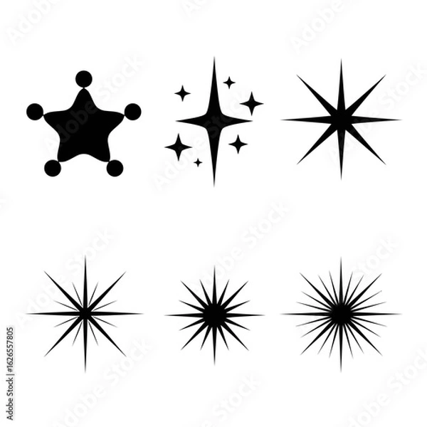 Fototapeta A versatile set of black star and sparkle icons, featuring various starbursts and a sheriff badge shape. Minimalist graphic elements for design.