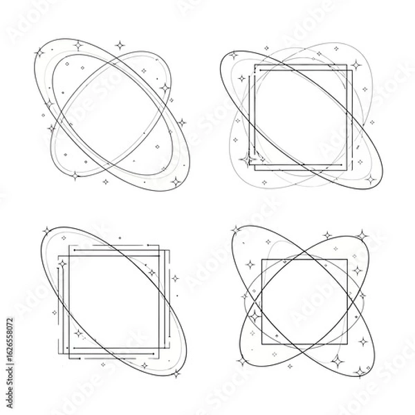 Fototapeta Collection of abstract square frames with orbiting rings and sparkles. Minimalist geometric line art borders for futuristic design.