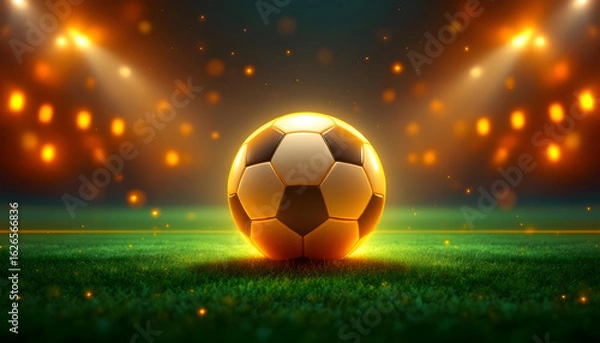 Obraz Dynamic soccer ball glowing under stadium lights on a vibrant green field, ready for action