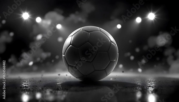 Obraz Dramatic soccer ball spotlighted on wet field, evoking intense competition and sporting passion