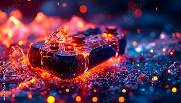 Obraz Fiery gaming controller melts into glowing crystals amidst vibrant bokeh lights, symbolizing intense gameplay.