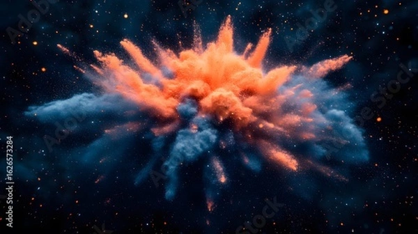 Obraz Vibrant explosion of orange and blue colored powder in space.