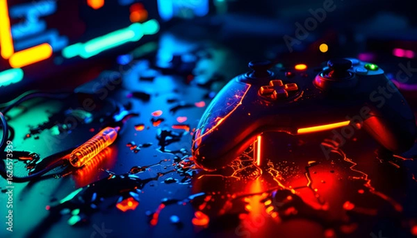 Obraz Immersive gaming experience with vibrant neon lights and futuristic controller glow
