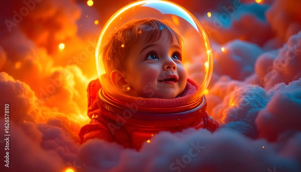 Obraz Curious baby astronaut gazes upward in vibrant nebula, dreaming of cosmic adventures.