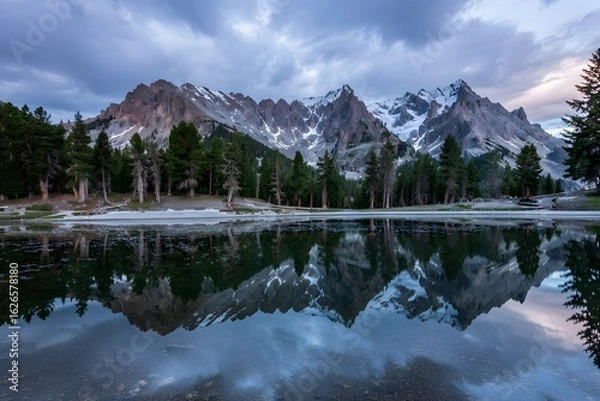 Fototapeta Mountains reflect in the lake water under a cloudy sky at dusk