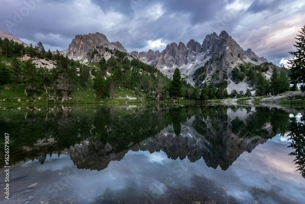 Fototapeta Mountain peaks reflect in the lake water under a cloudy sky at sunset