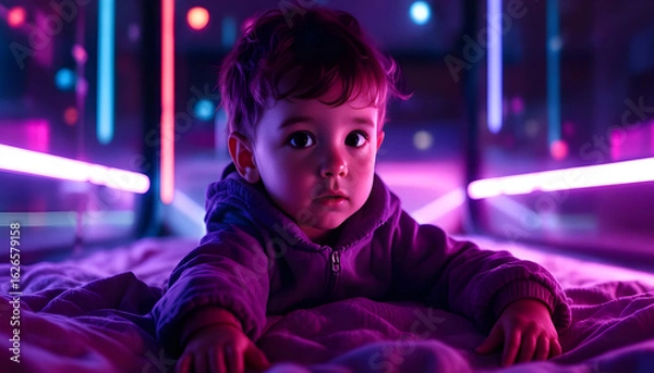Obraz Captivating toddler in vibrant neon lights, evoking wonder and future possibilities.