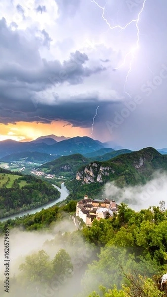 Fototapeta A view of a river and mountains with a lightning bolt