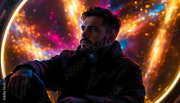 Fototapeta Confident man with beard in dark jacket gazes into vibrant cosmic light portal, futuristic aura