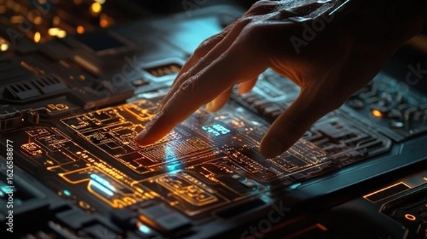 Obraz Skilled Engineer's Fingers Dance Over Circuit Board with Precision