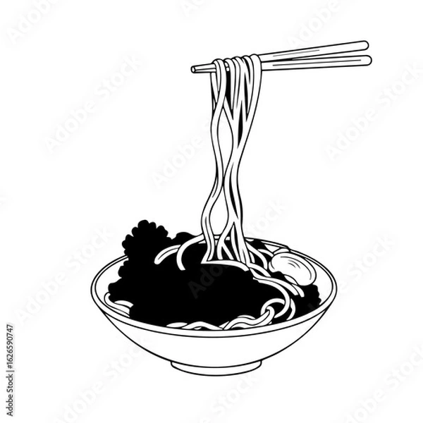 Fototapeta Drawn Bowl With Noodles Meat Chunks Greens And Chopsticks On A Clean White Background